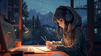style girl studying while listening to music and raining in the street
