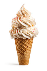 Naklejka premium Soft serve ice cream cone with sprinkles and shadow isolated on pure white background. Pixel precise work (clipping) path (without shadow) available