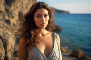 Naklejka premium Young Greek woman standing in front of landscape with sea, mountains