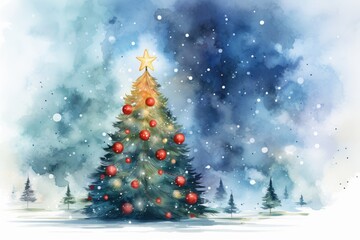 Obraz premium watercolor Christmas Tree With Baubles And Blurred Shiny Lights banner with text space 