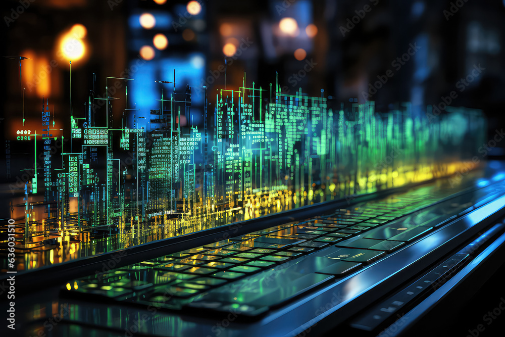 Poster artificial intelligence analyzing data on a digital screen, highlighting the power of technology in 