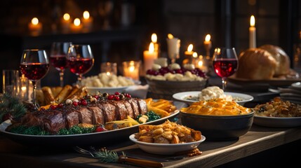 
Christmas dinner table full of dishes with food and snacks. New Year's decor in the background. The table is decorated with spruce branches, lights of garlands, French Provence style