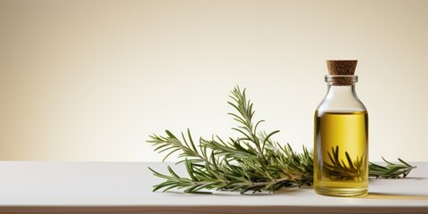 Bottle of fresh extra virgin olive oil and green leaves on light background. Generative AI