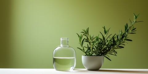 Cosmetic face oil on light background with green leaves. Generative AI