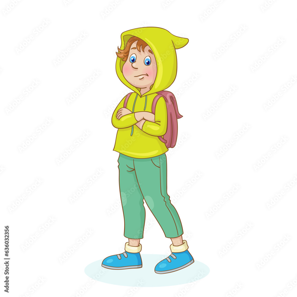 Wall mural Sad little boy is standing in a hoodie with a backpack on his shoulders. In cartoon style. Isolated on white background. Vector illustration