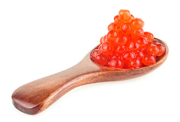 Red salted Salmon caviar in wooden spoon isolated on a white background