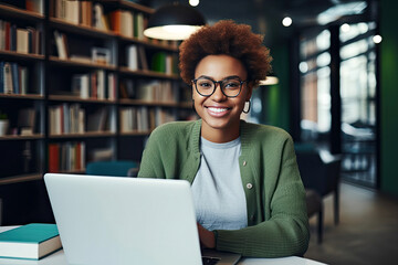 Obraz premium Portrait of young African American beautiful woman studying in library with laptop, cute girl learning with smiling and happiness, with Generative Ai.