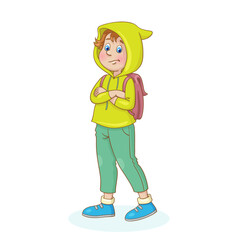 Sad little boy is standing in a hoodie with a backpack on his shoulders. In cartoon style. Isolated on white background. Vector illustration