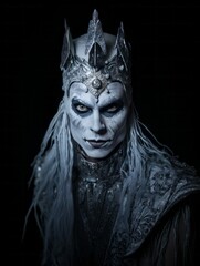 Glaring Man in Dramatic White Winter Frost Makeup and Costume, Evil Snow King or Ice Sorcerer Villain