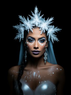 Woman in a Snowflake Crown with Veil, Mystical Winter Ice Queen Costume or Snow Bride