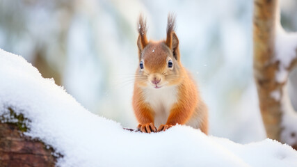 Naklejka na ściany i meble Red squirrel in snow against blurred winter forest trees in the background.