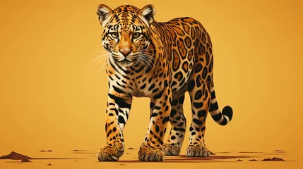  Leopard hunts against the background of the sun, minimalistic banner illustration with copy space. a kind of panther is a species of predatory mammals. Spotted dangerous animal. © Marynkka_muis_ua