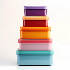 Stack of different plastic boxes on white background