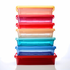 Stack of different plastic boxes on white background