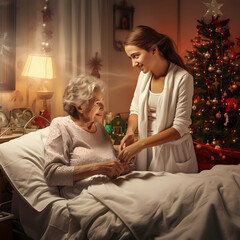 Senior woman gets help and support from younger woman on christmas