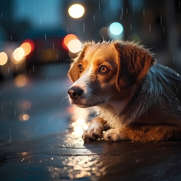Cute dog at night lying on the pavement alone