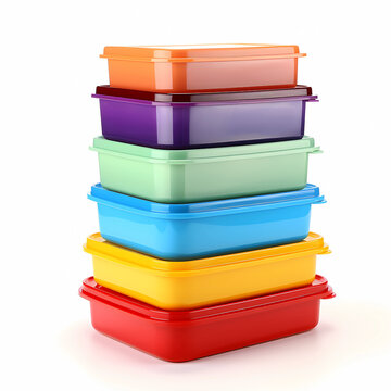 Stack of different plastic boxes on white background