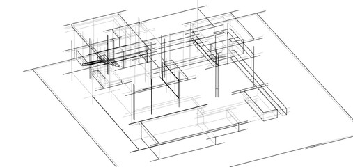 Architectural sketch of a building 3d illustration