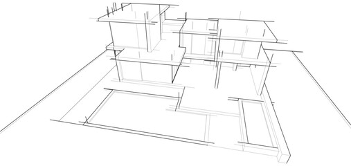 Architectural sketch of a building 3d illustration