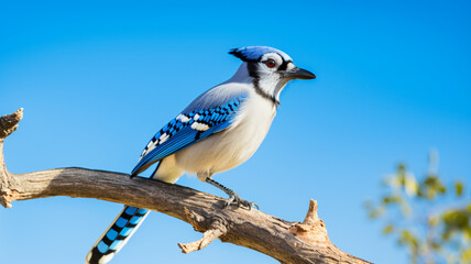 Blue Jay perched on a tree branch, AI Generative.
