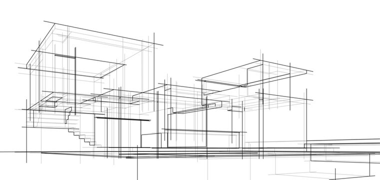 Architectural sketch of a building 3d illustration