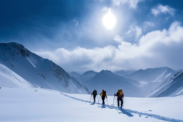 Winter Expedition: Three Adventurous Mountaineers Trekking Through Snowy Mountains, ai generative