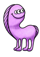 Cute purple monster horse cartoon illustration on transparent background