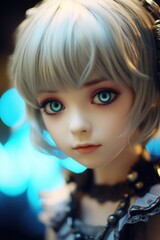 Fototapeta premium Portrait of lifelike doll figurine with meticulous fine details, beautiful big radiant eyes and elegant shiny acrylic hair, pale white skin tone, Victorian goth, bokeh background, generative AI