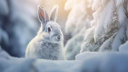 Foto op Aluminium Mountain hare in white fur or pelage. Snowy winter landscape. © ekim