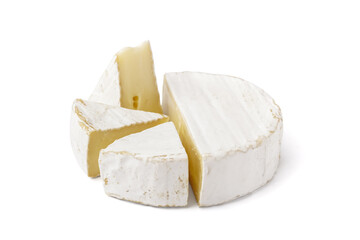 Pieces of tasty Camembert cheese on white background