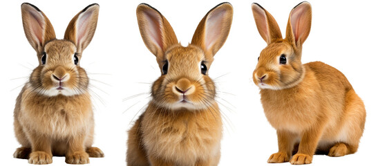 Collection of three brown rabbits (portrait, sitting, side view), animal bundle isolated on a white background as transparent PNG - Powered by Adobe