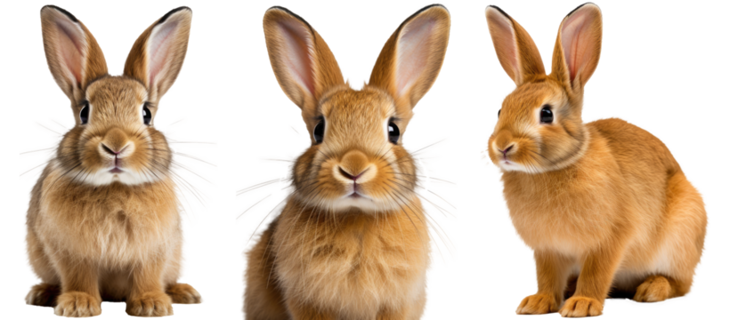 Collection of three brown rabbits (portrait, sitting, side view), animal bundle isolated on a white background as transparent PNG