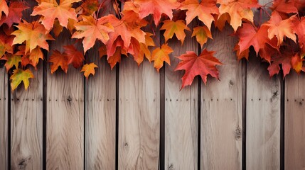 Naklejka na ściany i meble Fall Leaves Bordering a Wooden Background