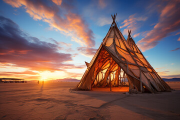 Erected tent, and a beautiful sunset over the desert, with an astounding-looking sky, are visible.