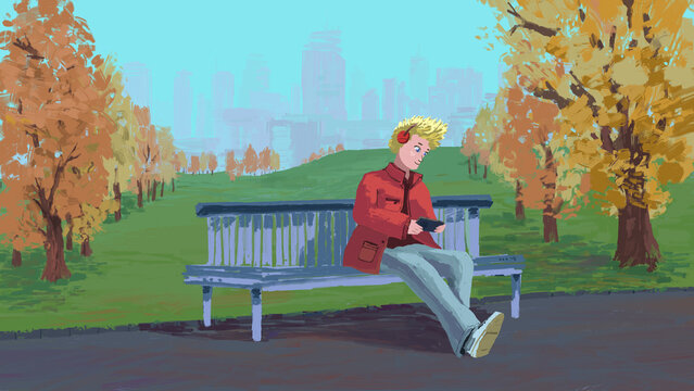Digital illustration of a young man watching video on a mobile phone in a park on a sunny autumn day 