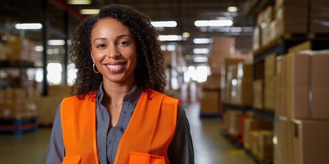 African Woman in orange vest in logistics center, horizontal banner. Smiling portrait, copy space,...