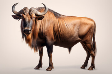 Wildebeest isolated on a white background. Animal left side view portrait.