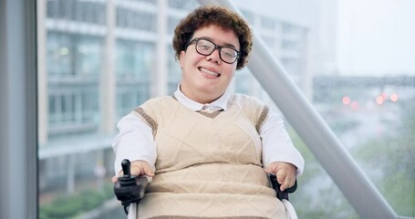 Face, travel and a woman passenger with a disability in an airport for a international flight on an inclusive airline. Portrait, smile and a happy traveler in a wheelchair on a bridge in a terminal