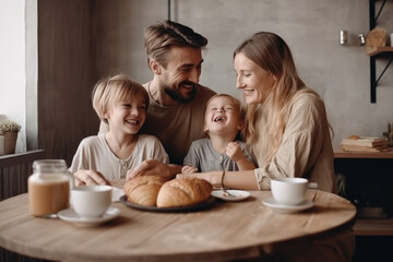 Obraz na płótnie Canvas The warm and inviting image captures a family of three enjoying breakfast together in a bright and airy kitchen. The high-key lighting creates a bright and cheerful atmosphere. Generative AI, AI.