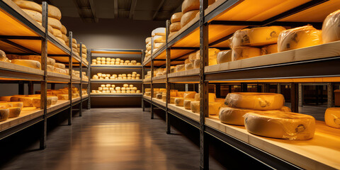 Cheese production corridor with shelves with lots of cheeses. Creative wallpaper with perspective view on natural round cheese. Cheese warehouse.