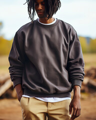 Fototapeta na wymiar Man wearing black sweatshirt mockup on blurred background. Visual display of a black sweatshirt template, showcasing artwork and design for print presentation.