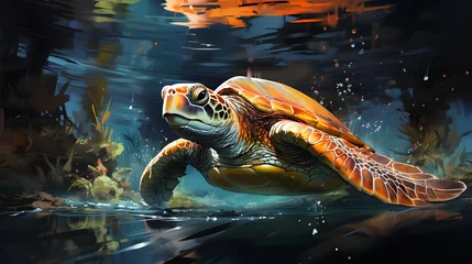 Gordijnen Sea turtle watercolor illustration, portrait wallpaper for phones, sea animal portraits, perfect for wallpapers or projects © Skrotaa
