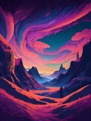 a colorful painting of a mountain and sky