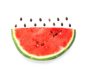 Composition with piece of fresh ripe watermelon and seeds on white background