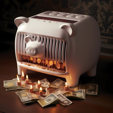 Piggy Bank as radiator with money in front of black background