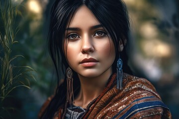 A stunning portrait of a Native American girl in traditional clothing, with warm, natural lighting highlighting her features and earthy tones complementing the natural setting. Generative AI, AI.