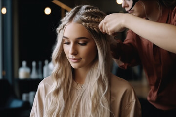 A close-up shot of a woman sitting in a salon chair, a stylist working on her hair with a hairdryer and brush. Generative AI, AI.