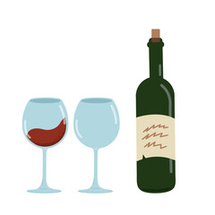 A bottle of red wine and two glasses. Half full glass, wine list, restaurant menu, bar