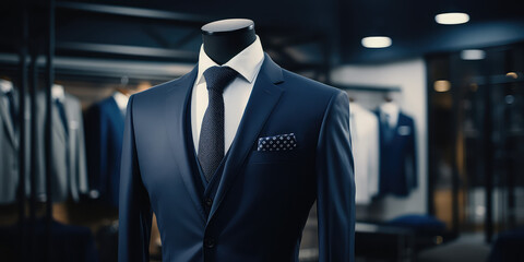 Men shirt in form of suits in dark navy blue colors on mannequin in tailoring room. Luxury banner for an expensive men's clothing and office suits store.  - obrazy, fototapety, plakaty