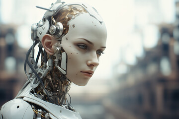 A robot face on building background. Artificial intelligence concept